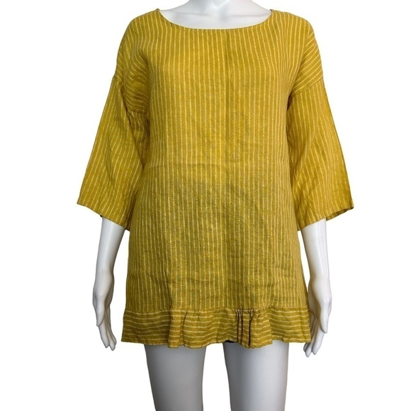 NEW Lungo L'Arno PURO LINO Linen Women's Size Medium Mustard Striped Tunic Top - Picture 1 of 16